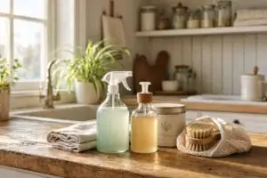 Productos de limpieza y cepillo sobre una encimera de madera