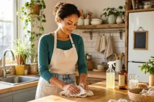 Mujer limpiando la encimera de una cocina