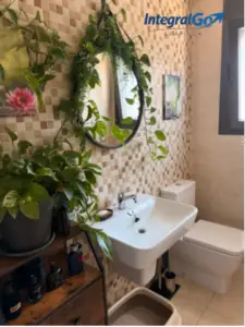 Baño con lavabo, inodoro y plantas después del servicio de limpieza