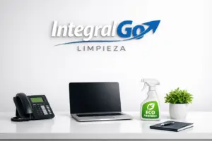 Recepción de IntegralGo Limpieza con teléfono y productos de limpieza