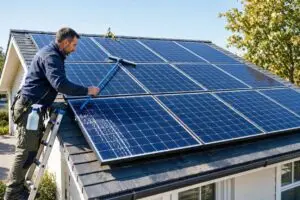 Operario limpiando las placas solares en el tejado de una vivienda