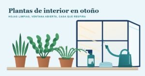 Ilustracion: ventana abierta con luz de otono y, en la repisa, una sansevieria, una zamioculca y un helecho junto a un pulverizador, un pano y una regadera de cuello largo