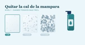 Tres cristales de mampara con cal leve, moderada e incrustada, junto a un pulverizador antical