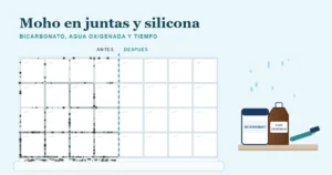 Pared de azulejos de una ducha: a la izquierda las juntas y la silicona con moho negro, a la derecha limpias; en la repisa, bicarbonato, agua oxigenada y un cepillo de juntas